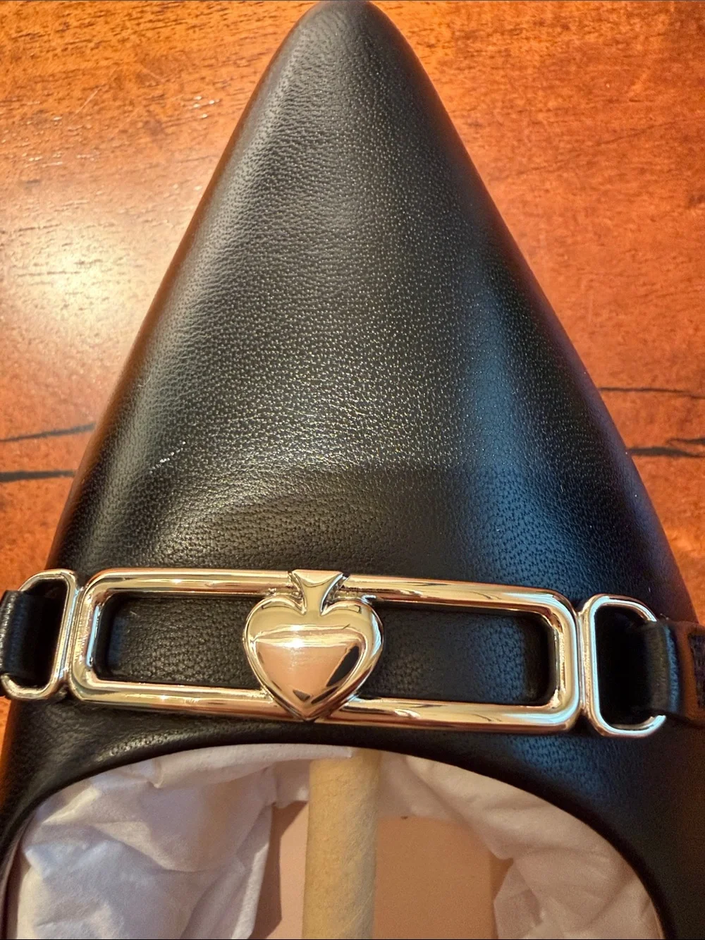 Brand New kate spade Black Pointed-Toe Flats with Silver Heart Accent.
